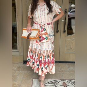 Cream and Red Patterned Midi Dress NWT SZ XS